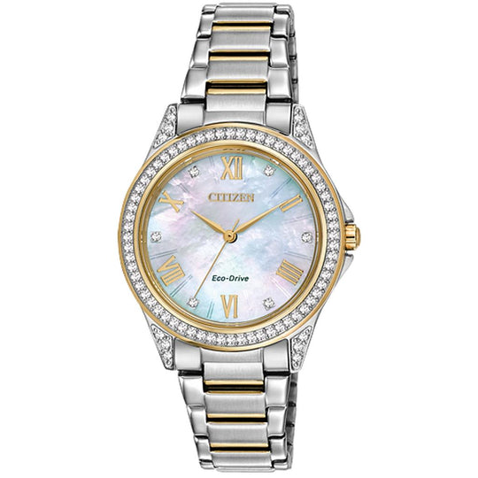 Citizen Ladies Two Tone Stainless Steel Sport Casual Mother of Pearl Eco Drive Watch EM0234-59D