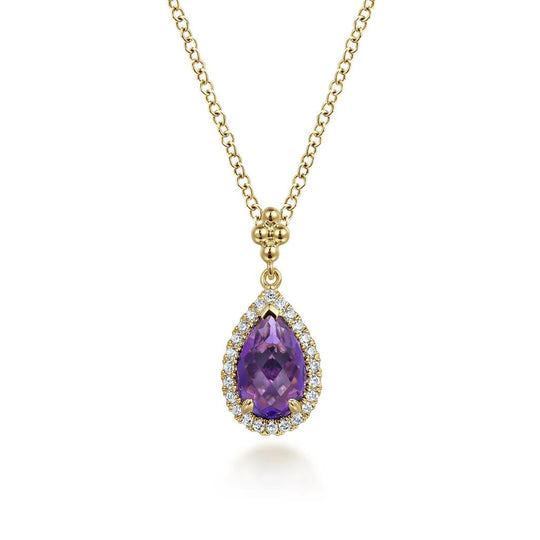 Gabriel & Co 14K Yellow Gold Diamond and Amethyst Teardrop Necklace NK7393Y45AM