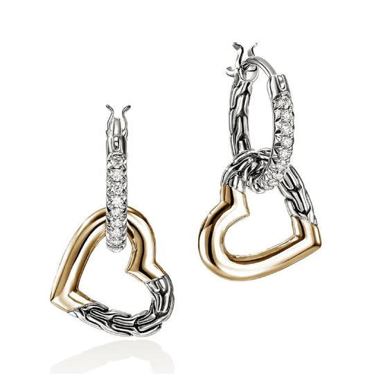 John Hardy 14K Yellow Gold/Sterling Silver Diamond Pave Heart Drop Earrings EZZP989712DI