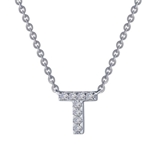 Lafonn Sterling Silver Platinum Plated Letter "T" Simulated Diamond Necklace 9N100CLP20