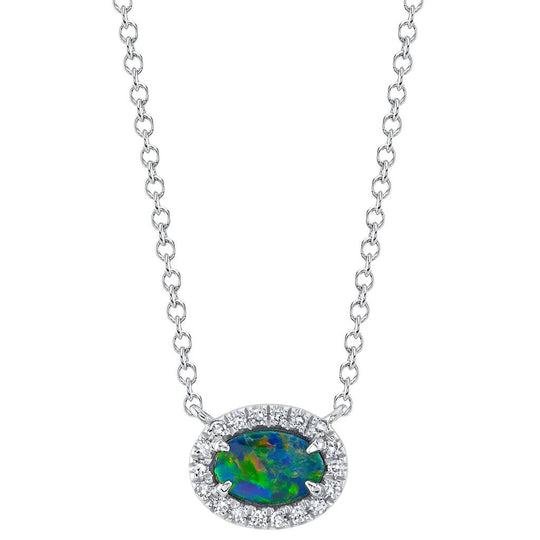 Shy Creation 14K White Gold Opal Diamond Halo Necklace SC55022505