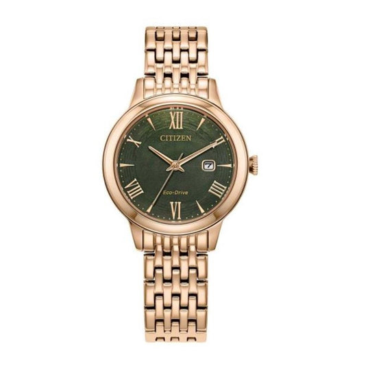 Citizen Stainless Steel Ladies Rose Tone 34mm Green Dial Eco Drive Watch EW2623-53X