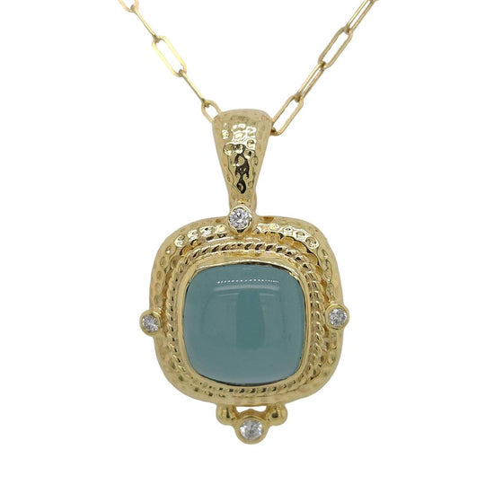 Raymond Mazza 14K Yellow Gold Green Chalcedony Stone Diamond and Rope Acented Pendant PZ6056
