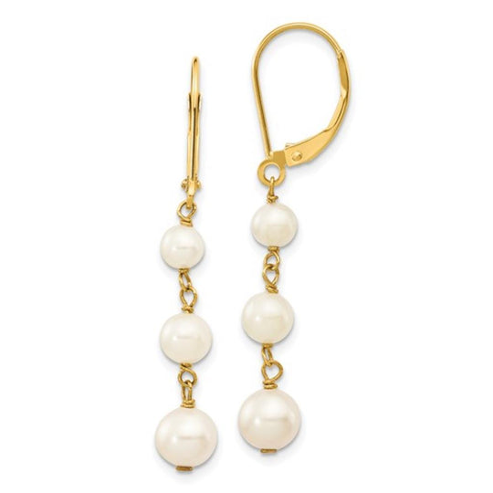 14K Yellow Gold Triple Freshwater Pearl Dangle Earrings XF569