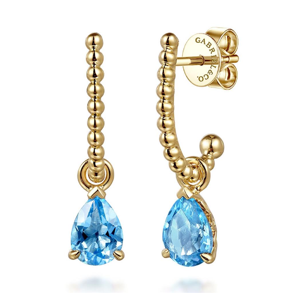 Gabriel & Co 14K Yellow Gold Beaded Blue Topaz J Hoop Earrings EG15161Y4JBT