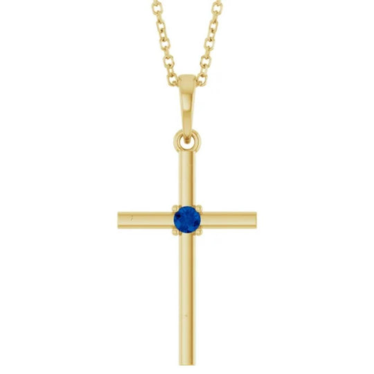 14K Yellow Gold Blue Sapphire Cross Necklace R50012SC