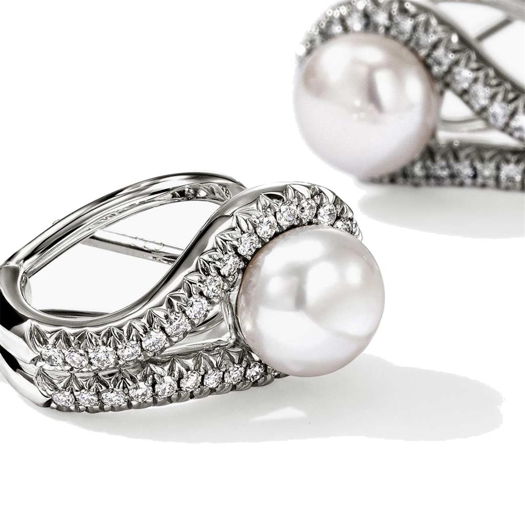 John Hardy Sterling Silver Surf Freshwater Pearl Diamond Earrings EBP895042DI