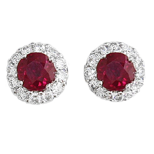 18K White Gold Ruby Diamond Halo Studs G4516R100
