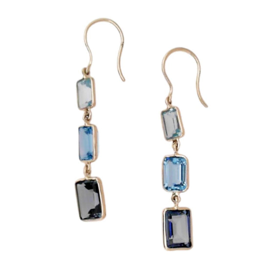 Raymond Mazza 14K Yellow Gold Emerald Cut Multi Blue Topaz Drop Earrings EZ7594