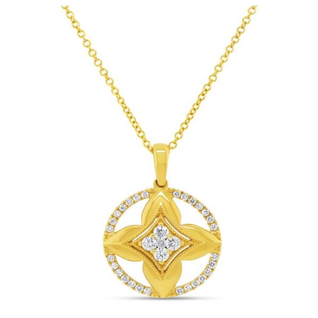 Uneek 18K Yellow Gold Floral Diamond Halo Pendant Necklace PN3064