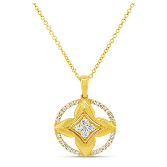 Uneek 18K Yellow Gold Floral Diamond Halo Pendant Necklace PN3064