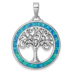 Sterling Silver Created Opal Circle Tree of Life Pendant QP5130