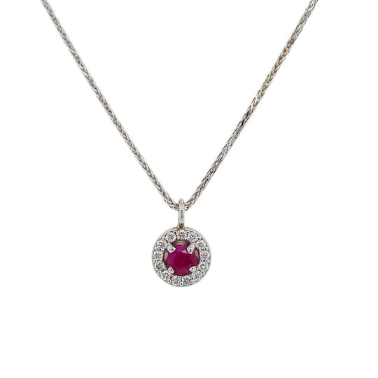14K White Gold Ruby Diamond Halo Necklace RUHALONECK