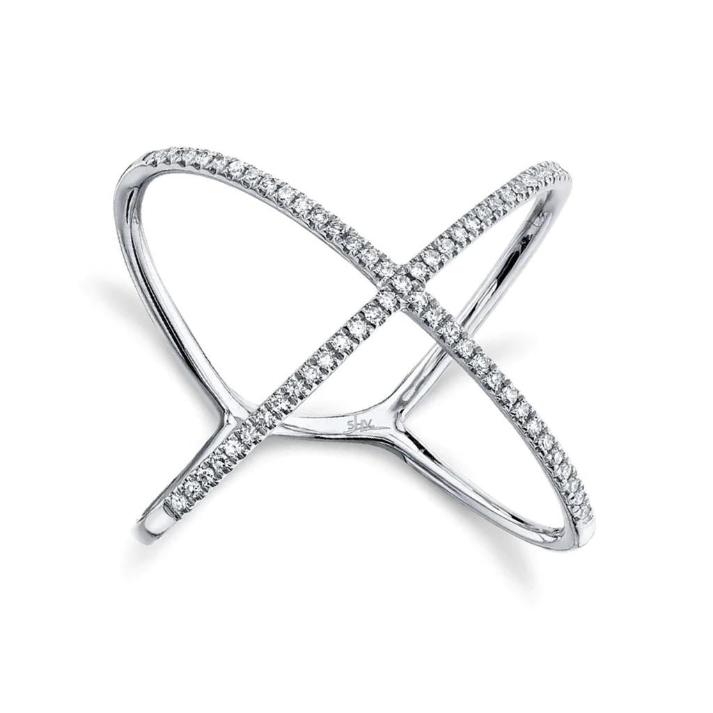 Shy Creation 14K White Gold Cross Over Diamond Ring SC22003512