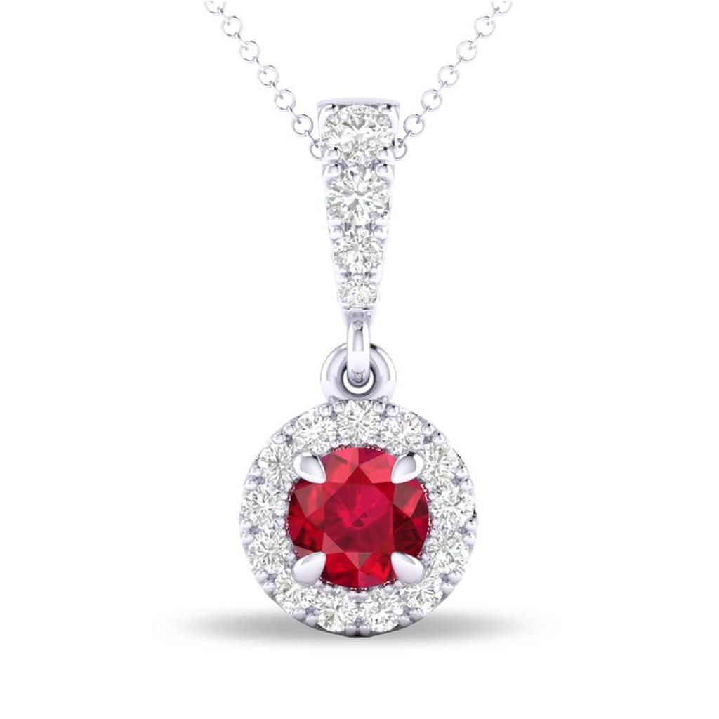 Costar 14K White Gold Ruby Diamond Halo Necklace RP33942CW-RU