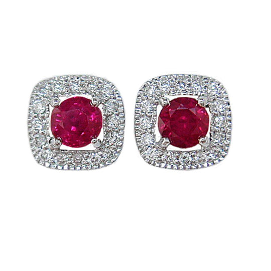 18K White Gold Ruby Cushion Shape Diamond Halo Studs GM45R65