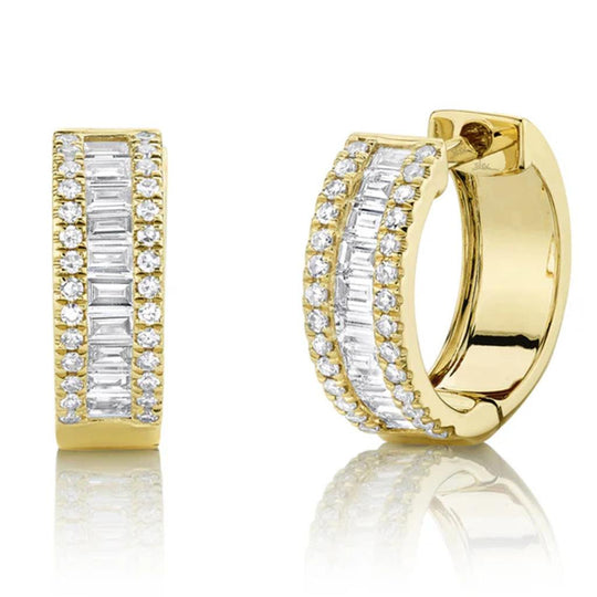 Shy Creation 14K Yellow Gold Diamond Baguette Huggie Earrings SC55007095