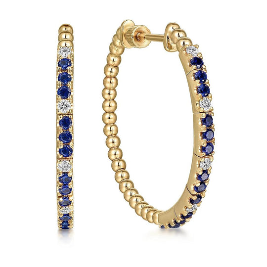 Gabriel & Co 14K Yellow Gold Bujukan Scattered Diamond and Blue Sapphire Beaded Hoop Earrings EG15036Y45SA