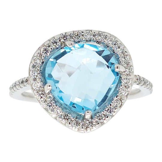 14K White Heart Shaped Sky Blue Topaz Diamond Ring RZ5013