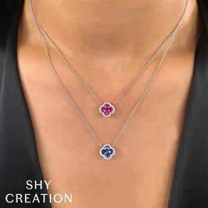 Shy Creation 14K White Gold Diamond and Blue Sapphire Clover Necklace SC41002220