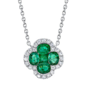 Shy Creation 14K White Gold Diamond and Emerald Clover Necklace SC41002238