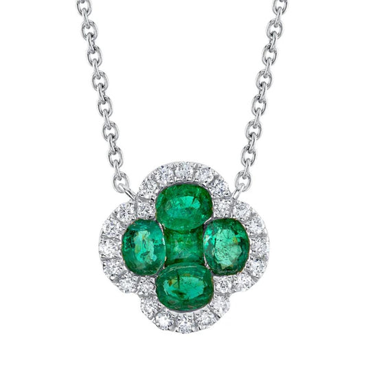 Shy Creation 14K White Gold Diamond and Emerald Clover Necklace SC41002238