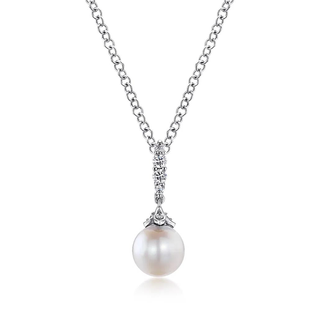 Gabriel & Co 14K White Gold Pearl and Diamond Drop Pendant Necklace NK4499W45PL