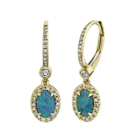 Shy Creation 14K Yellow Gold Opal Diamond Halo Drop Earrings SC55020756