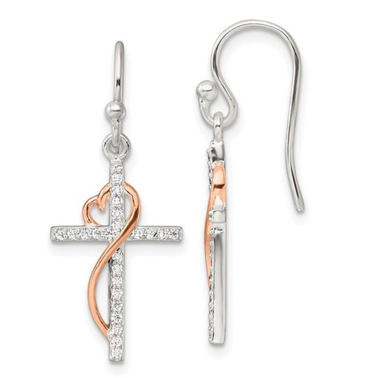 Sterling Silver and Rose-Tone Cross Dangle Earrings QE17697