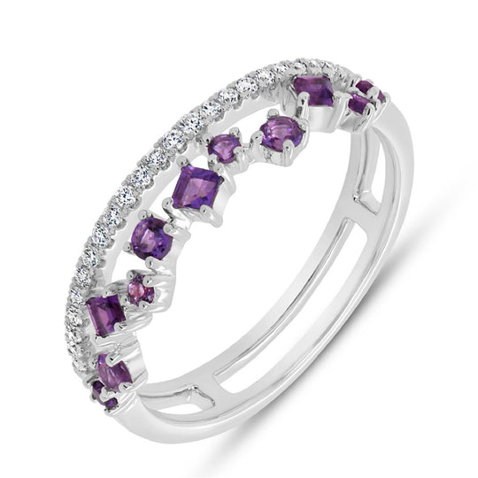 Uneek 14K White Gold Diamond and Amethyst Double Row Ring LVBAD302RPS-AM