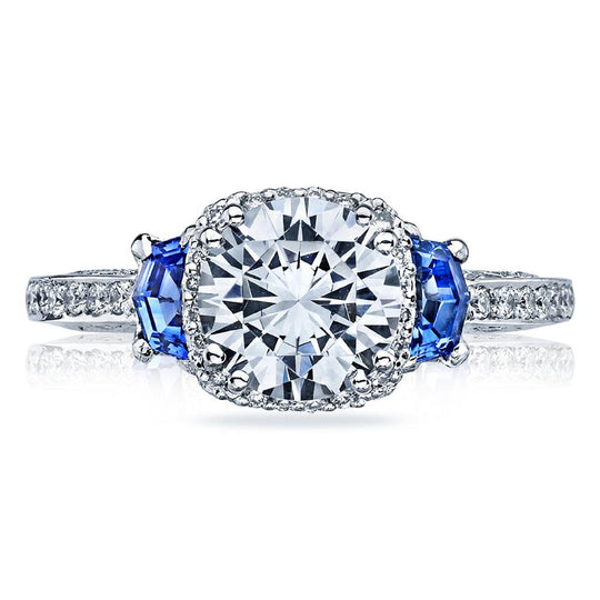Tacori 18K White Gold Dantela Three Stone Sapphire Diamond Engagement Ring 2628 RD S P W