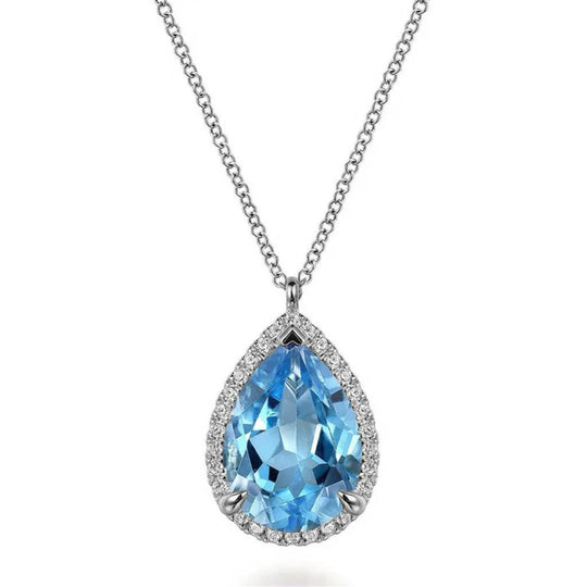 Gabriel & Co 14K White Gold Diamond and Blue Topaz Teardrop Necklace NK7460W45BT