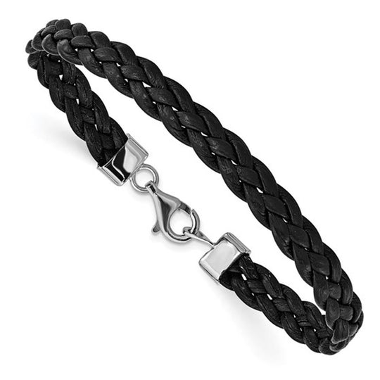 Sterling Silver Black Braided Leather Bracelet QG1848-7