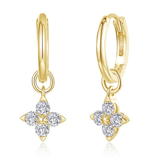 Lafonn sterling Silver Gold Plated Trillium Flower Simulated Diamond Huggie Drop Earrings E0659CLG00