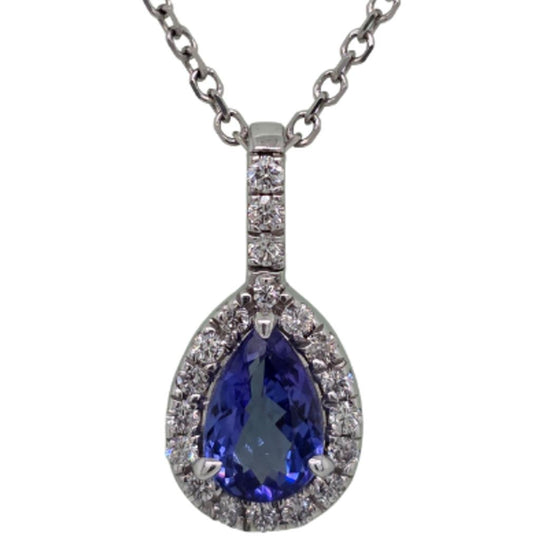 18K White Gold Pear Shape Tanzanite Diamond Halo Necklace RN001-126TZ