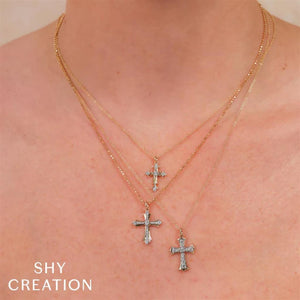 Shy Creation 14K Yellow Gold Diamond Cross Necklace SC55027653RD