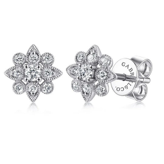Gabriel & Co 14K White Gold Milgrain Floral Diamond Stud Earrings EG13818W45JJ