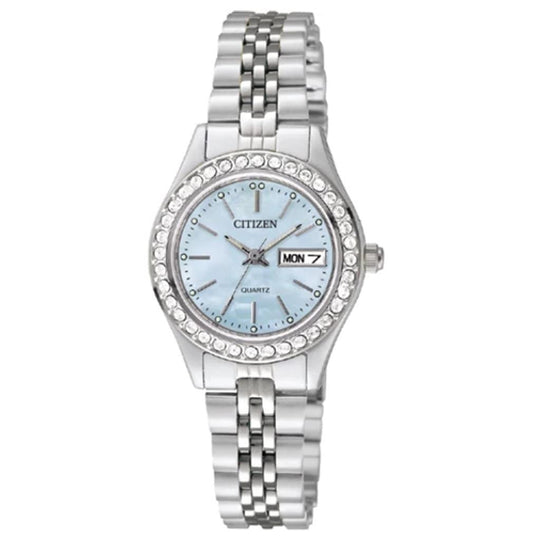 Citizen Ladies Silver Tone Stainless Steel Crystal Bezel Quartz Watch EQ0530-51N