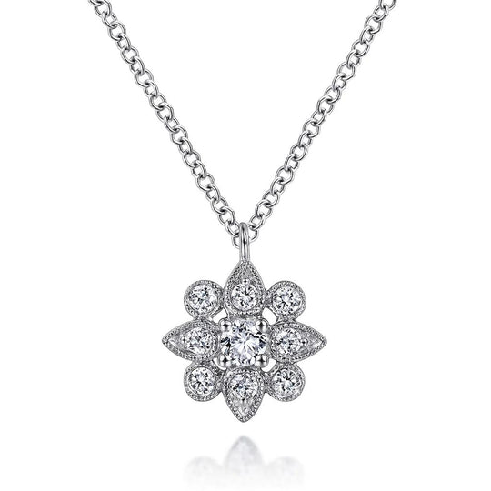 Gabriel & Co 14K White Gold Milgrain Floral Diamond Pendant Necklace NK6192W45JJ
