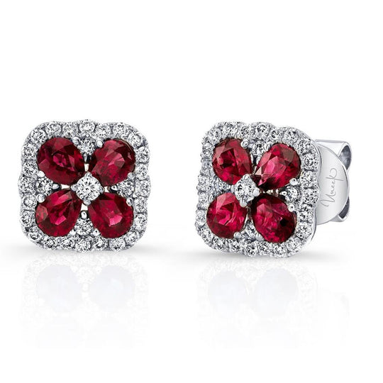 Uneek 18K White Gold Pear Shape Ruby & Diamond Floral Studs LVEMI0302R