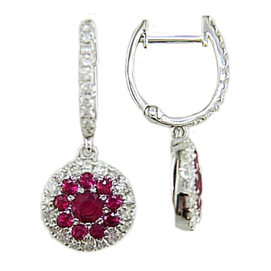 14K White Gold Ruby Cluster Diamond Halo Drop Earrings G91R1