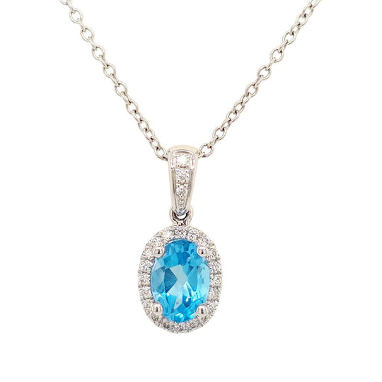 14K White Gold Blue Topaz Diamond Halo Necklace 40275B-4W-7x5