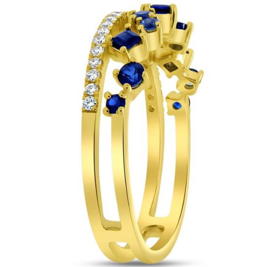 Uneek 14K Yellow Gold Diamond and Blue Sapphire Double Row Ring LVBAD302YBS