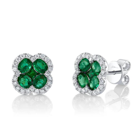 Shy Creation 14K White Gold Diamond and Emerald Clover Stud Earrings SC41002241