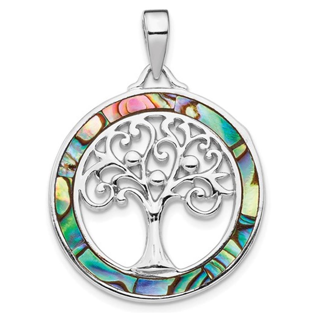 Sterling Silver Abalone Circle Tree of Life Pendant QP5134