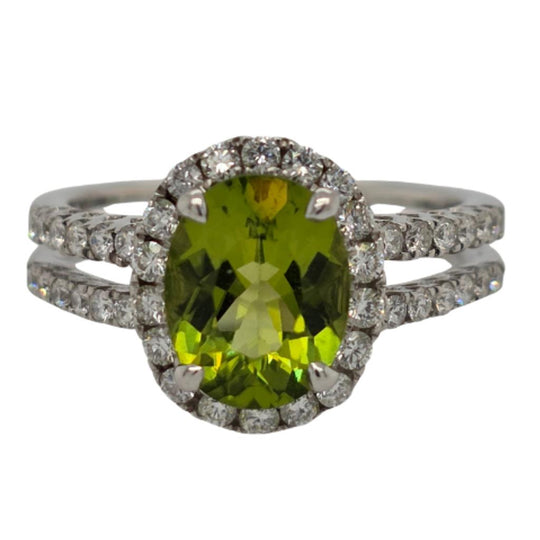 18K White Gold Oval Peridot Diamond Halo Split Shank Ring 21609-188P