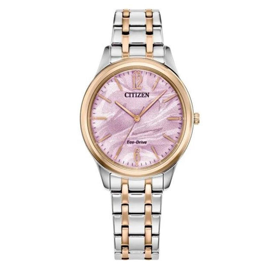 Citizen Ladies Two Tone Stainless Steel Pink Marbled Dial Eco Drive Watch EM1216-55X