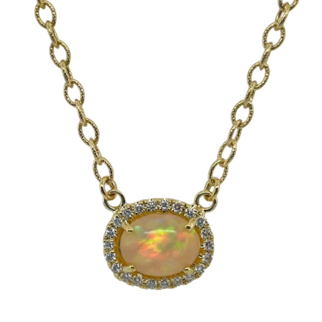 Raymond Mazza 14KY Opal Diamond Halo Necklace NZ5489