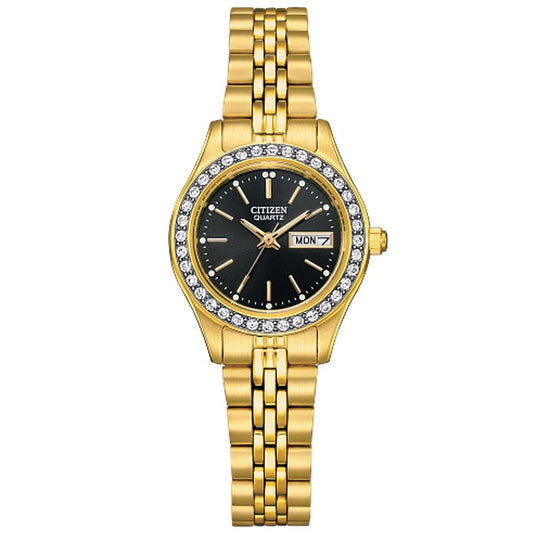 Citizen Ladies Gold Tone Stainless Steel Crystal Bezel Black Dial Quartz Watch EQ0532-55E