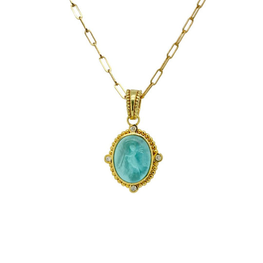 Raymond Mazza 14K Yellow Gold Aqua Venetian Glass Diamond Necklace PZ7121